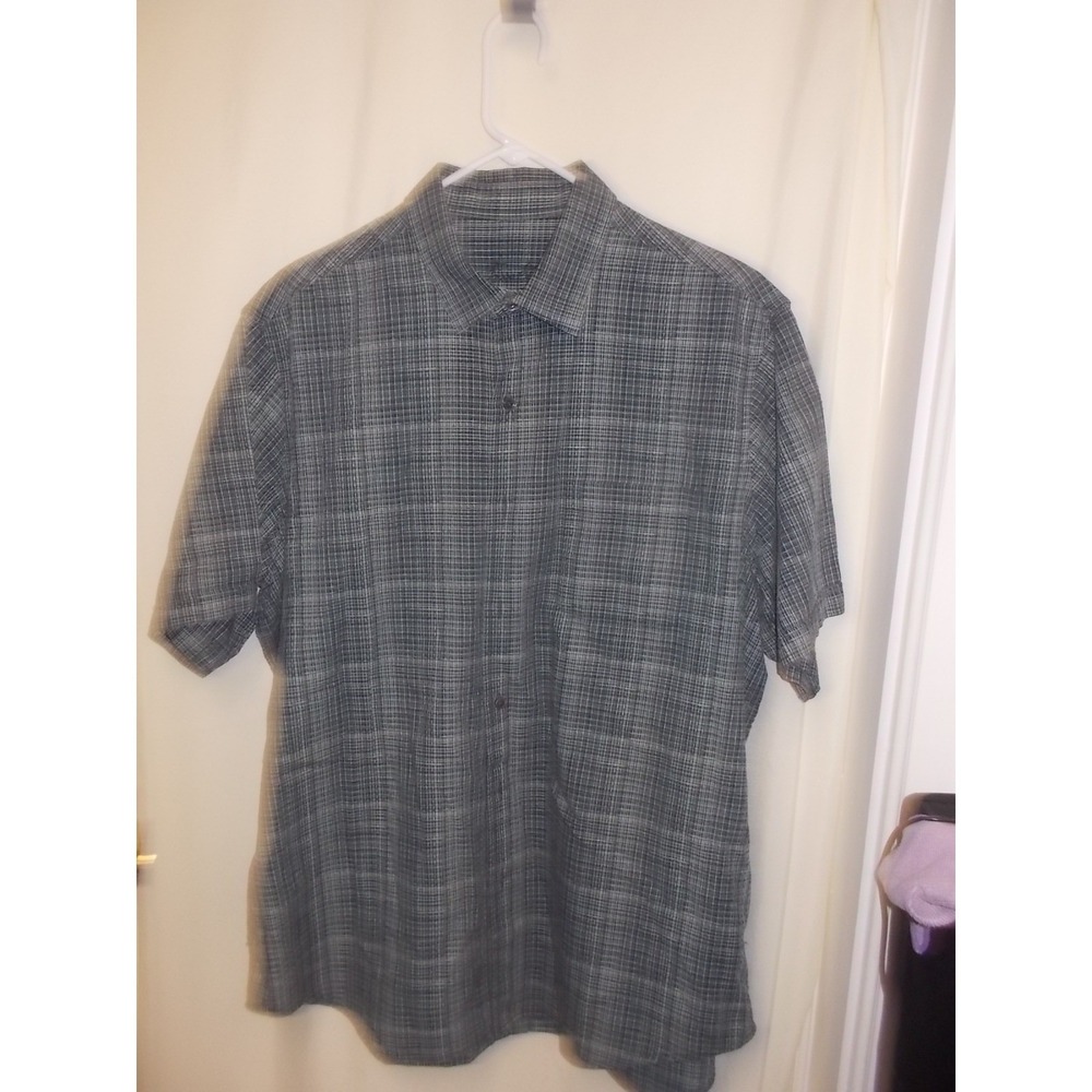 Tasso Elba Mens Large Blue Grey Grid Textured Cotton Short Sleeve Button Down